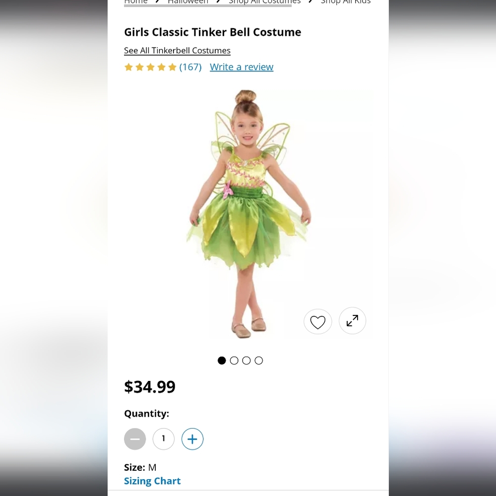 Girls Classic Tinker Bell Costume